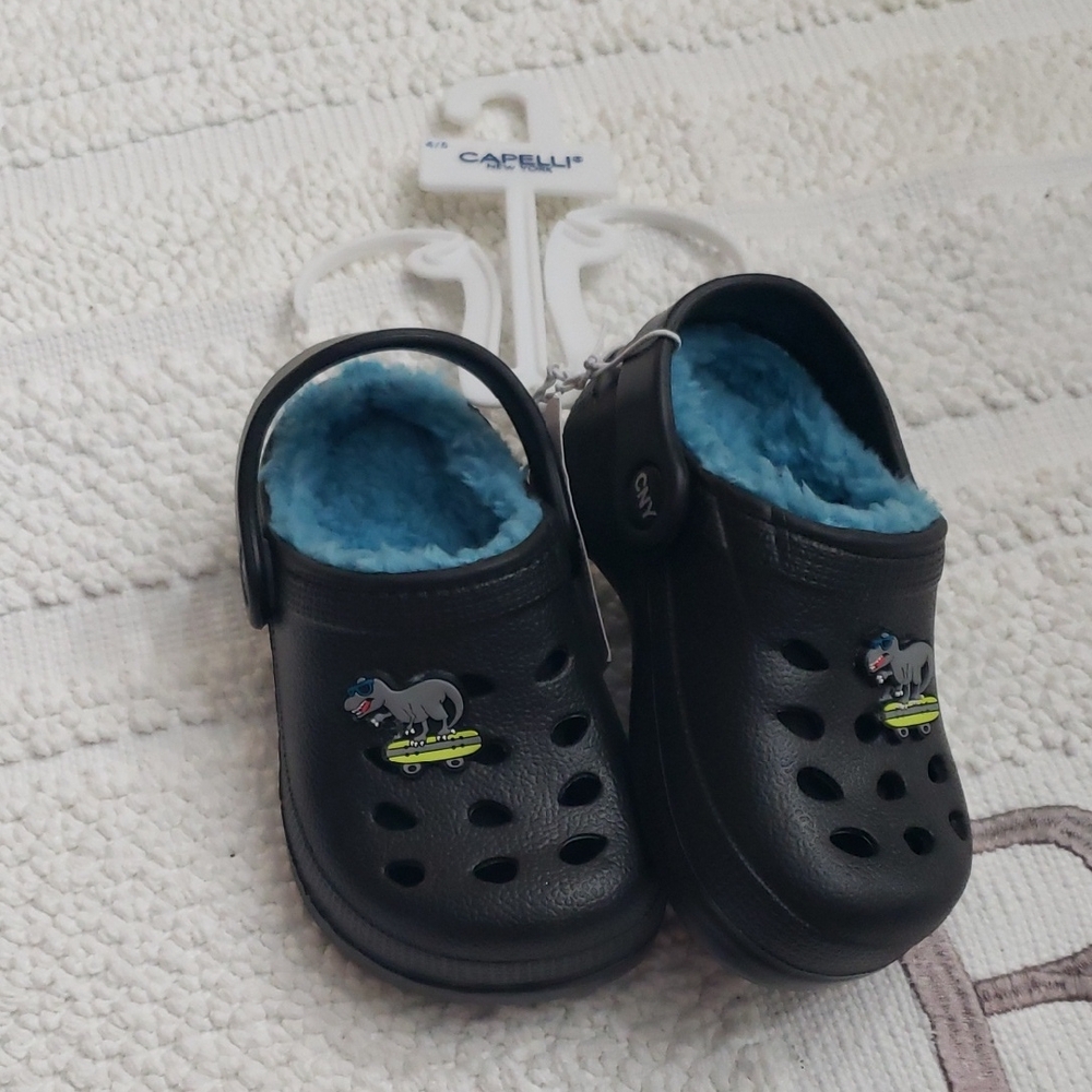 Capelli of New York Kids Black Slippers/Shoes Blue Faux Fur 4-5